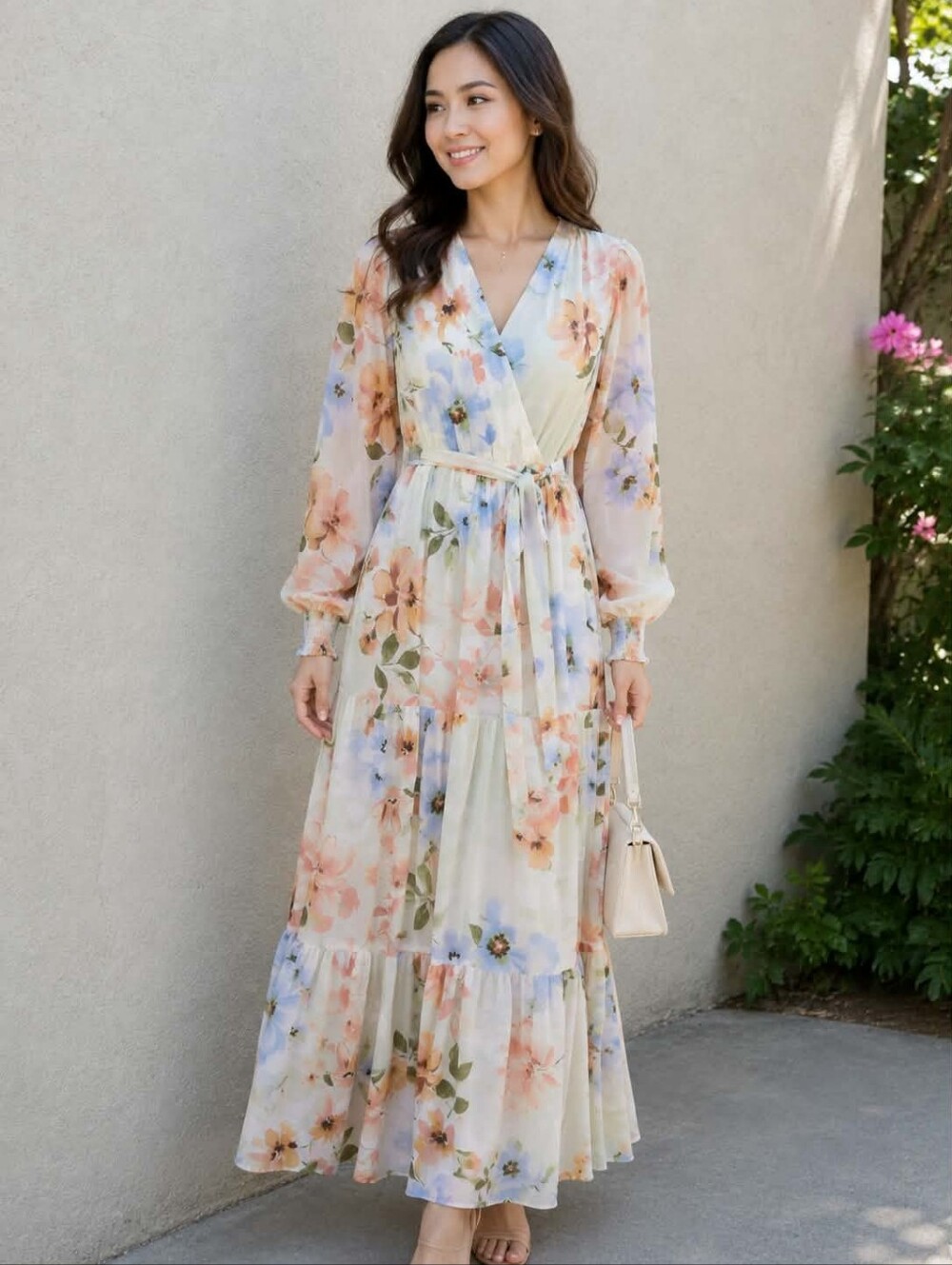 Floral Wrap Maxi Dress in Pastel Multi
